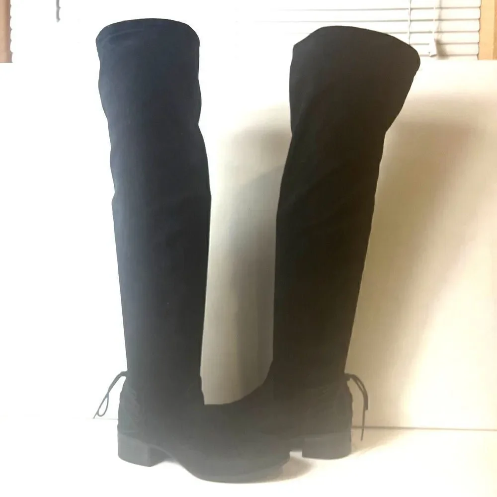 Madden Girl Women 7.5M Black Faux Suede Over The Knee Boots Pull On/Zip Low Heel